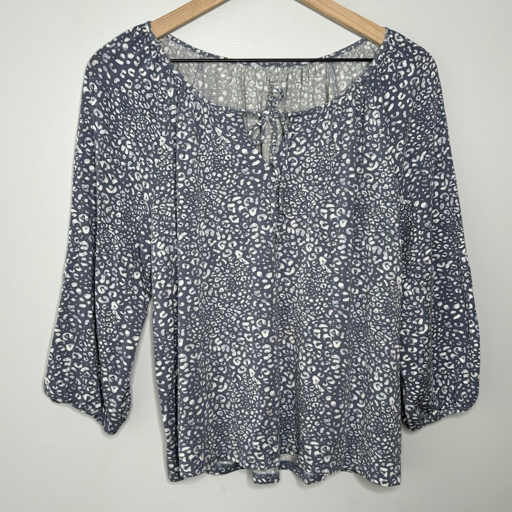 Garnet Hill Large Blue Gray Top‎ 3/4 Sleeve Pullover Boho Soft Coastal Casual